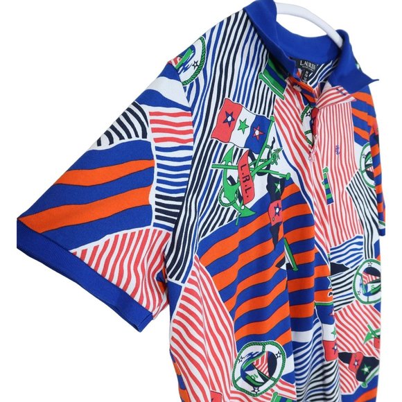 LAUREN RALPH LAUREN Size 2X Nautical Anchor Flag Print Polo Shirt Blue Orange - Picture 3 of 6